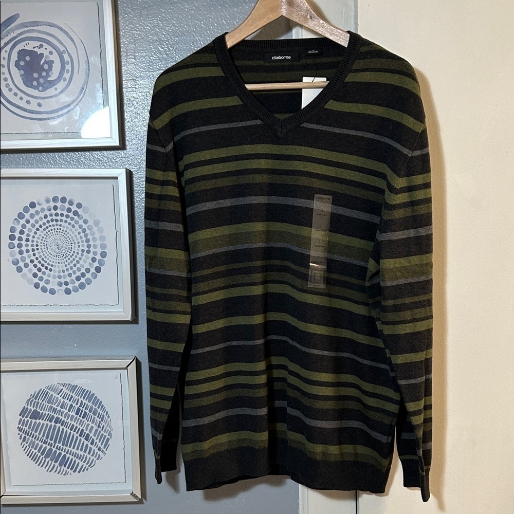 NWT Claiborne Men's V-Neck Sweater - Black and Olive Stripes Size L